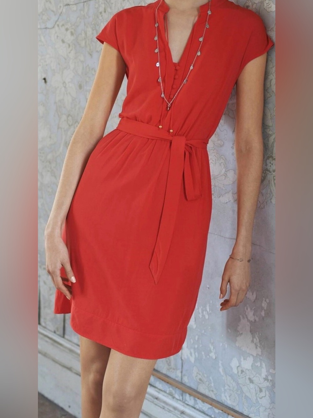 Maeve Odalia Red Cap-Sleeve Belted Midi Dress